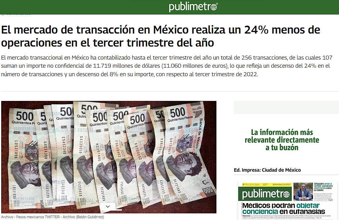El mercado de transaccin en Mxico realiza un 24% menos de operaciones en el tercer trimestre del ao